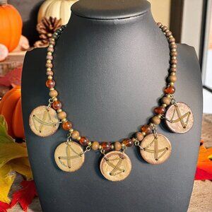 Handmade Rustic Wood Bead Necklace Fall Charm‎ Tribal Boho Pendant Jewelry